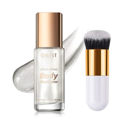 40ml Body Shimmer Oil,Liquid Body Illuminator, Waterproof Moisturizing And Glow For Face &amp; Body, All-In-One Makeup Liquid Illuminator, Summer Body Luminizer,Makeup Brush Include(01#Silver)
