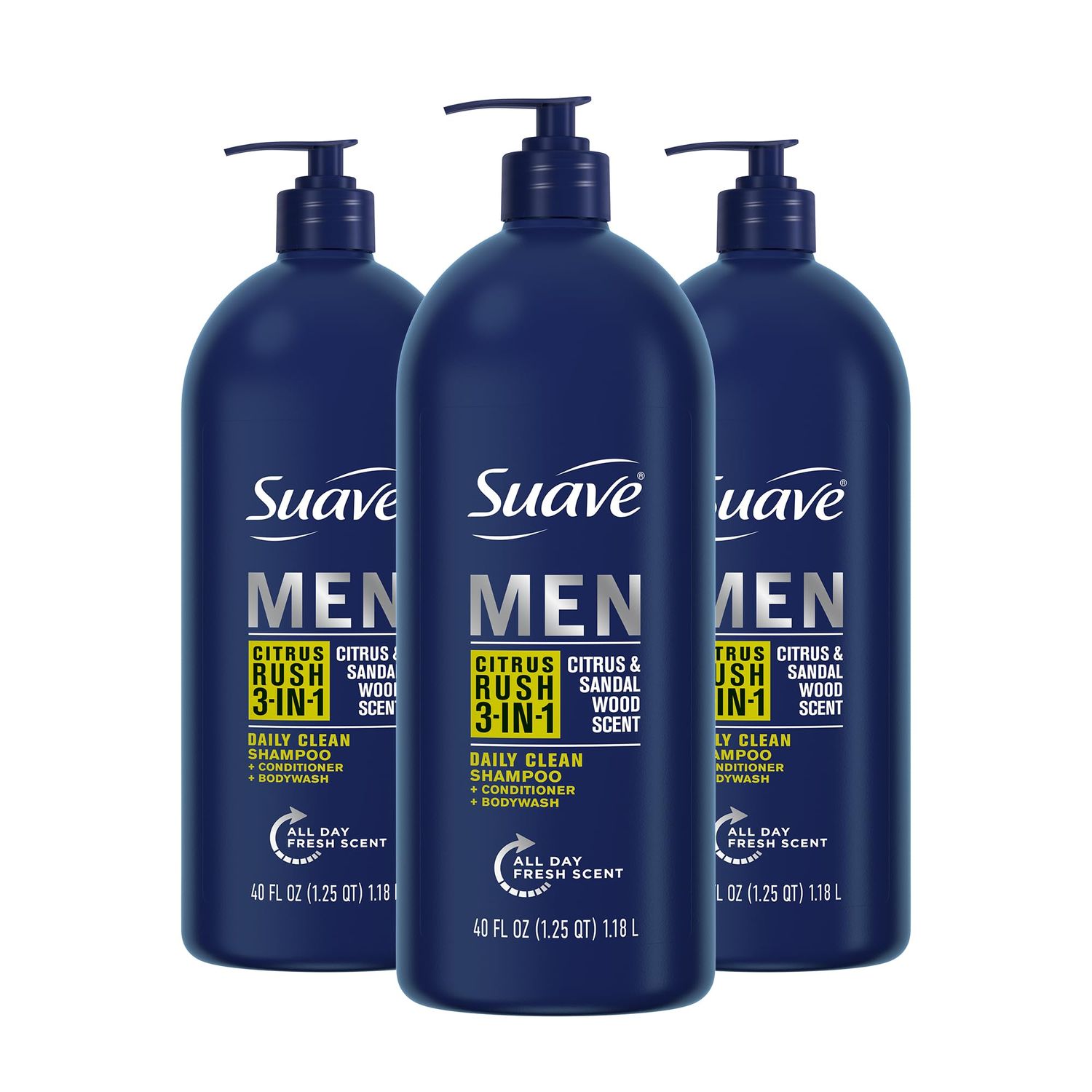 Suave Shampoo Conditioner Bodywash Men 3 in 1 Citrus &amp; Sandal Wood to Cleanse and Nourish Hair and Skin, 40 oz Pack of 3