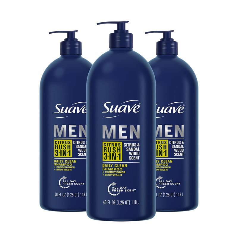 Suave Shampoo Conditioner Bodywash Men 3 in 1 Citrus &amp; Sandal Wood to Cleanse and Nourish Hair and Skin, 40 oz Pack of 3