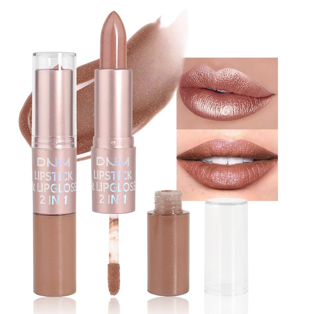 evpct 2 in 1 Nude Brown Glitter Shimmer Shiny lipstick &amp; Liquid Lip Gloss, Metallic Dual Ended Lipstick with Hydrating Lightweight Formula, Shiny Glossy Lip Stick Makeup for Women stay on all Day 03