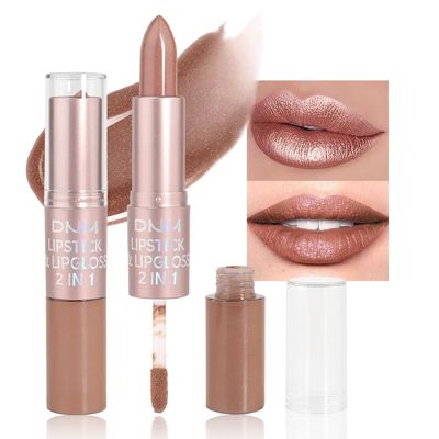 evpct 2 in 1 Nude Brown Glitter Shimmer Shiny lipstick &amp; Liquid Lip Gloss, Metallic Dual Ended Lipstick with Hydrating Lightweight Formula, Shiny Glossy Lip Stick Makeup for Women stay on all Day 03