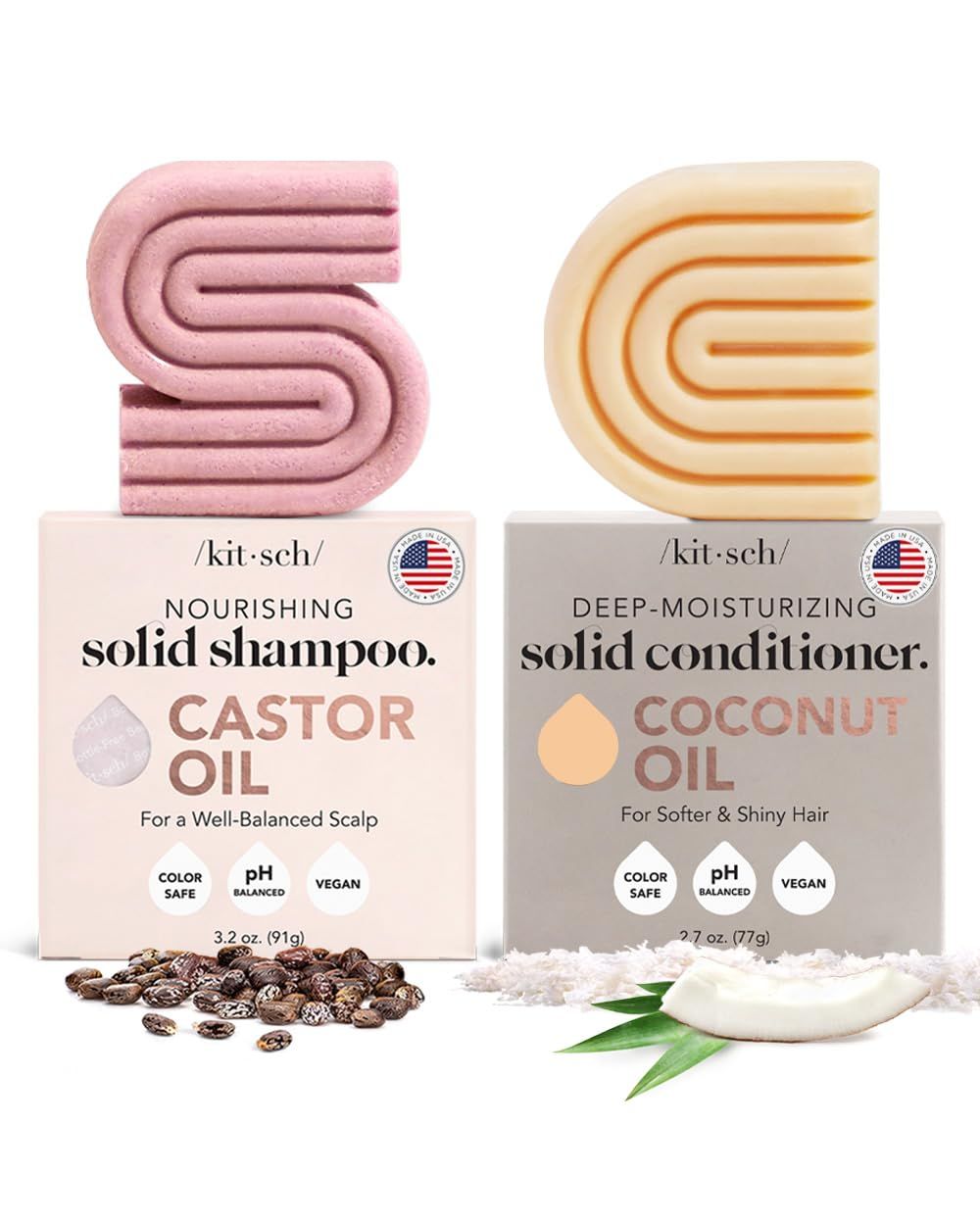 Kitsch Castor Oil Shampoo Bar &amp; Coconut Oil Deep-Moisturizing Conditioner Bar - Hydrating for Dull &amp; Dry Hair, Strengthen &amp; Restore Damage Hair, 2pc Set