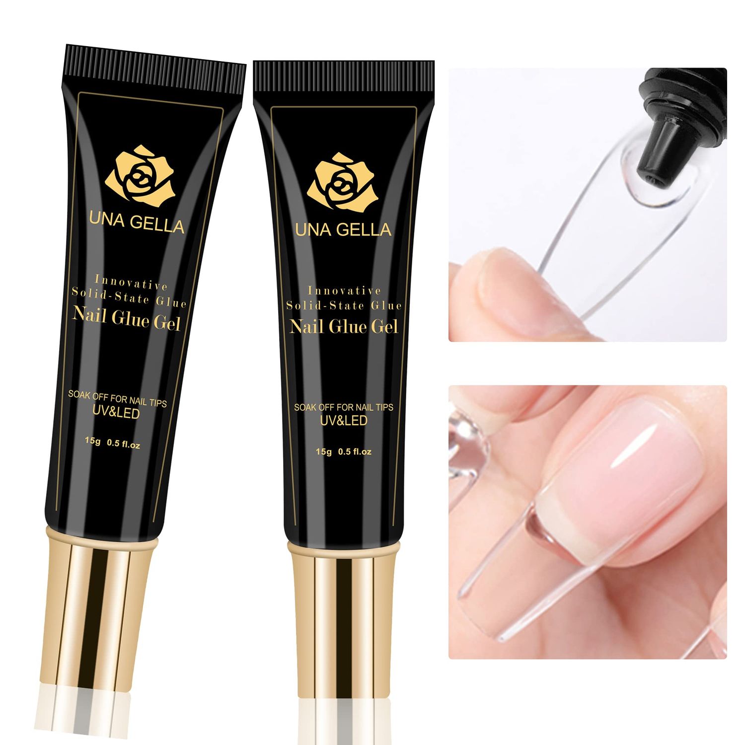 UNA GELLA Soft Gel Nail Tips Glue | 2pcs | Solid State Soak Off Super Strong Glue for Acrylic Nails Curing Needed For Nails Extension Press On Nails 15ml2 for Gel Jelly Tips