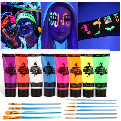 Face &amp; Body Painting Kit, 8 Colors UV Neon Body Paint, Liquid Painting Fluorescent Face Painting with 10 Painting Brush Set for Christmas, Music Festivals, Parties, Stage