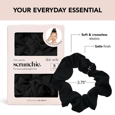 Kitsch Silk Scrunchies for Women - Satin Scrunchies for All Hair Types and Textures, No Crease Hair Ties for Girls, Perfect for Day or Night - 5 Pcs, Black