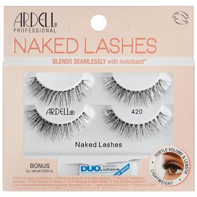 Ardell Naked Lashes 420 - Natural Volume &amp; Lightweight Black Strip Lashes with DUO Lash Glue, Undetectable Lash Enhancement, 2-Packs