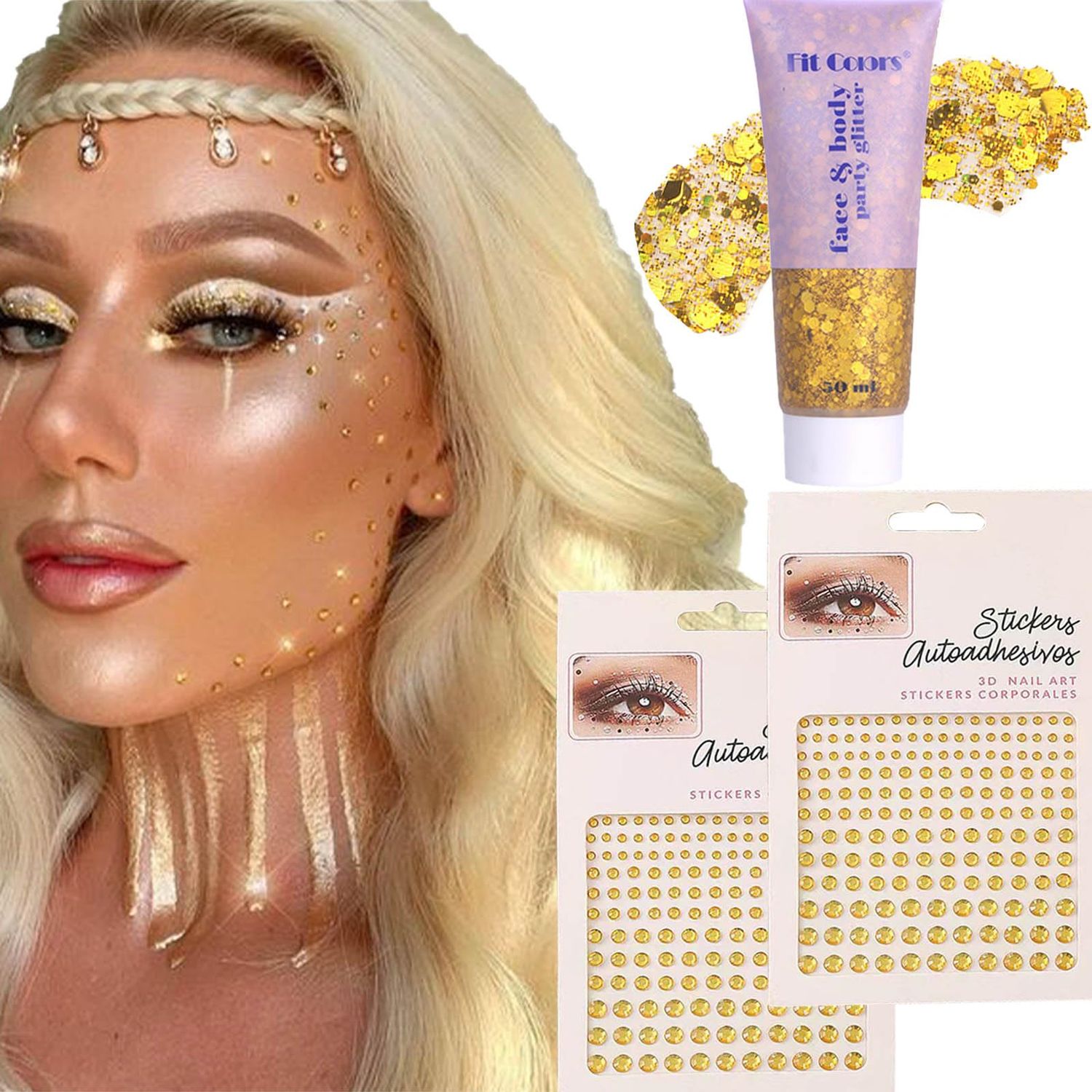YOSOMK Gold Body Glitter Gel &amp; 2 Sheets Face Gems Rhinestones Set, Face Glitter Makeup &amp; Hair Jewels Stick on, Holographic Hair Glitter Eye Gems,Chunky Glitter Face Jewels for Makeup Festival