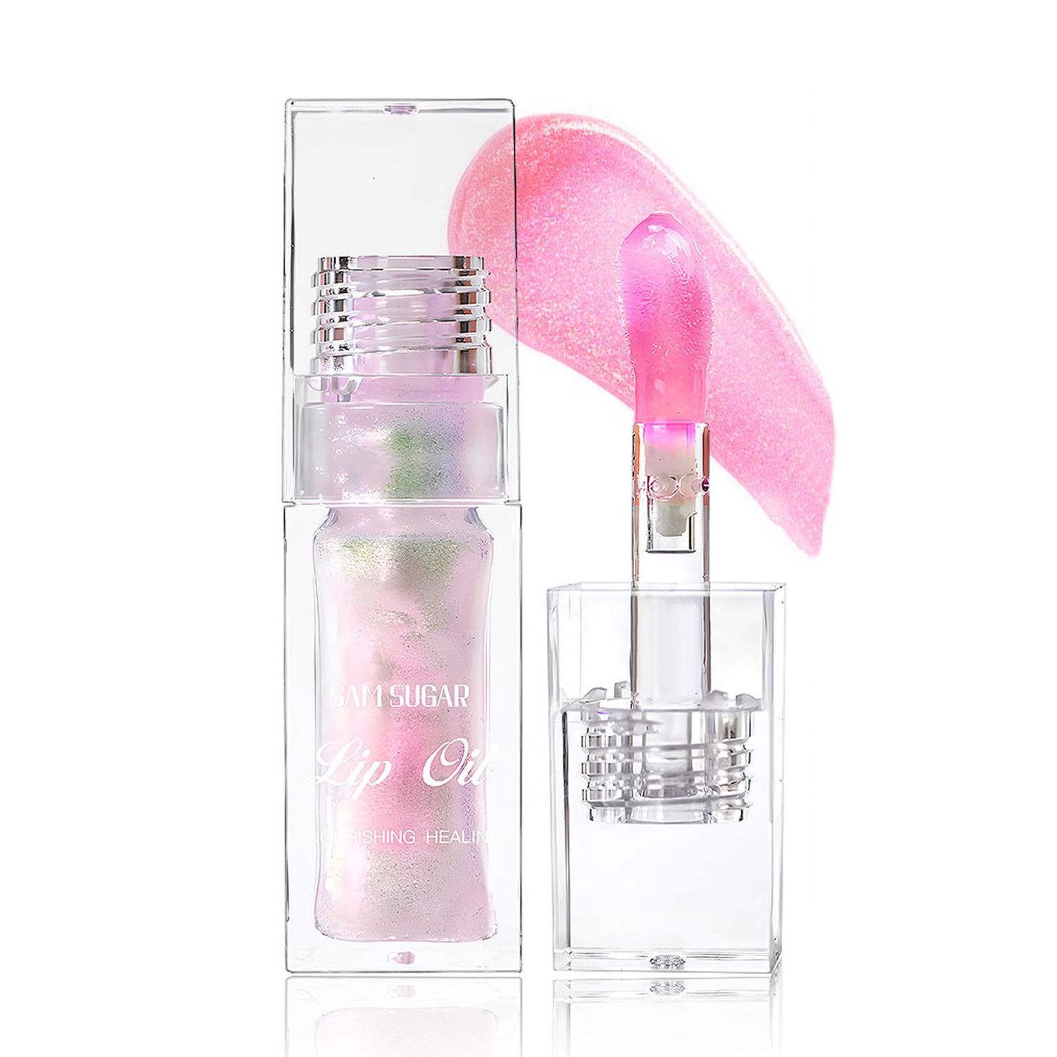 Color Changing Lip Oil,Clear to Pink Magic Big Brush Color Changing Hydrating Lip Glow Oil,Long Lasting Nourishing Non-sticky Lip Oil Tinted for Lip Care and Dry Lips (Pink)