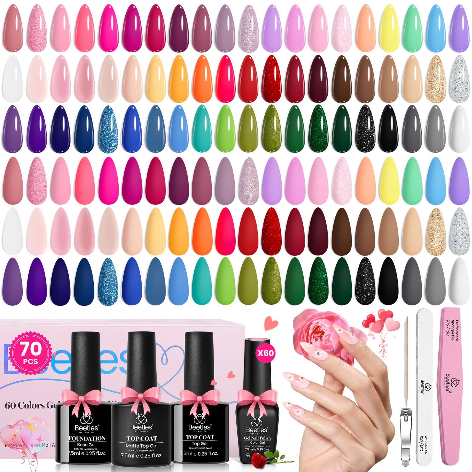 Beetles Gel Nail Polish Set, 70 PCS 60 Colors Red Green Pink Brown Blue Nude Pastel Glitter Gel Nail Polish Kit with Base Glossy &amp; Matte Top Coat Gel Polish Manicure Spring Valentines Gifts for Women