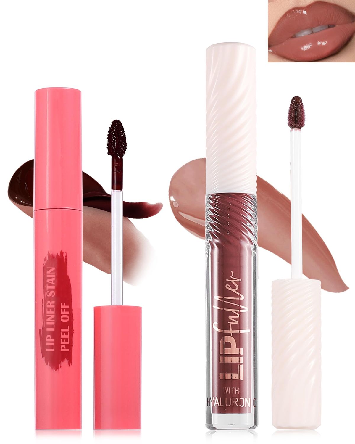 Brown Peel Off Lip Liner Stain &amp; Brown Lip Oil Set, Waterproof Long Lasting Tattoo Peel &amp; Reveal Lip Stain Tint, Hydrating Non-Sticky Tinted Lip Gloss Oil, Plumping Glossy Lip Combo Makeup for Women-C