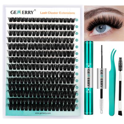 GEMERRY Lash Extension Kit Thick Lash Clusters Kit Fluffy Eyelash Clusters D Curl Eyelash Extension Kit With Lash Bond and Seal, Lash Tweezers, DIY Lash Extension Kit(80P-10-18mm)