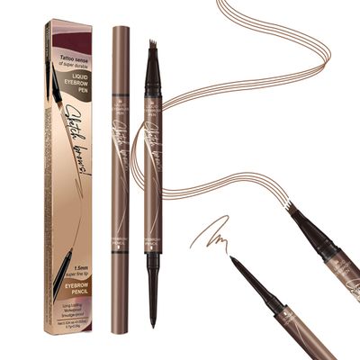 Microblading Eyebrow Pen, 2-in-1 Dual-Ended Magical Waterproof Eyebrow Pencil with 4-Prong Micro-Fork-Tip Applicator, Brow Pen for Women Creates Natural Looking Brows Effortlessly (Light Brown)