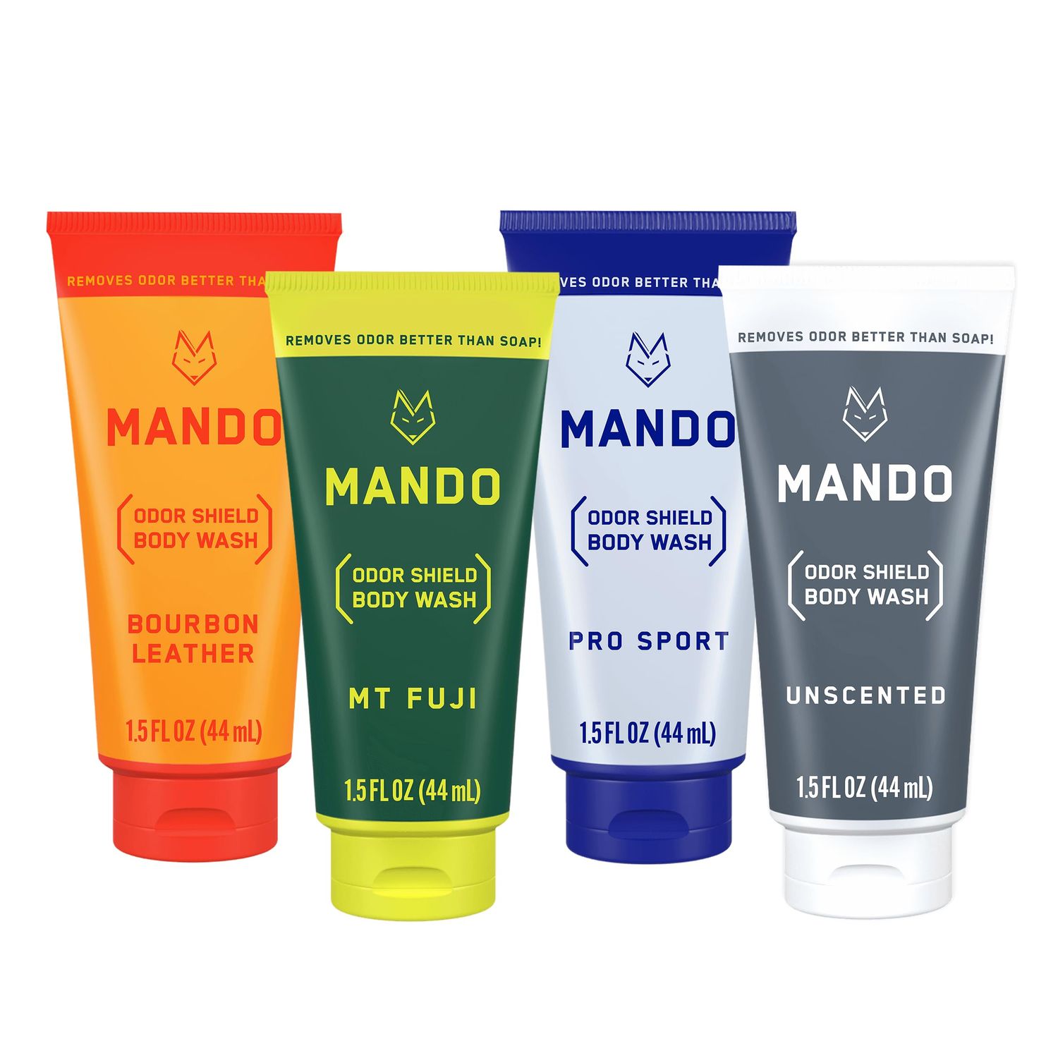 Mando Mini Body Wash - 24 Hour Odor Control - Removes Odor Better than Soap - 1.5 Ounce Tubes (Pack of 4, in 4 scents Bourbon Leather, Pro Sport, Mt Fuji, Unscented)