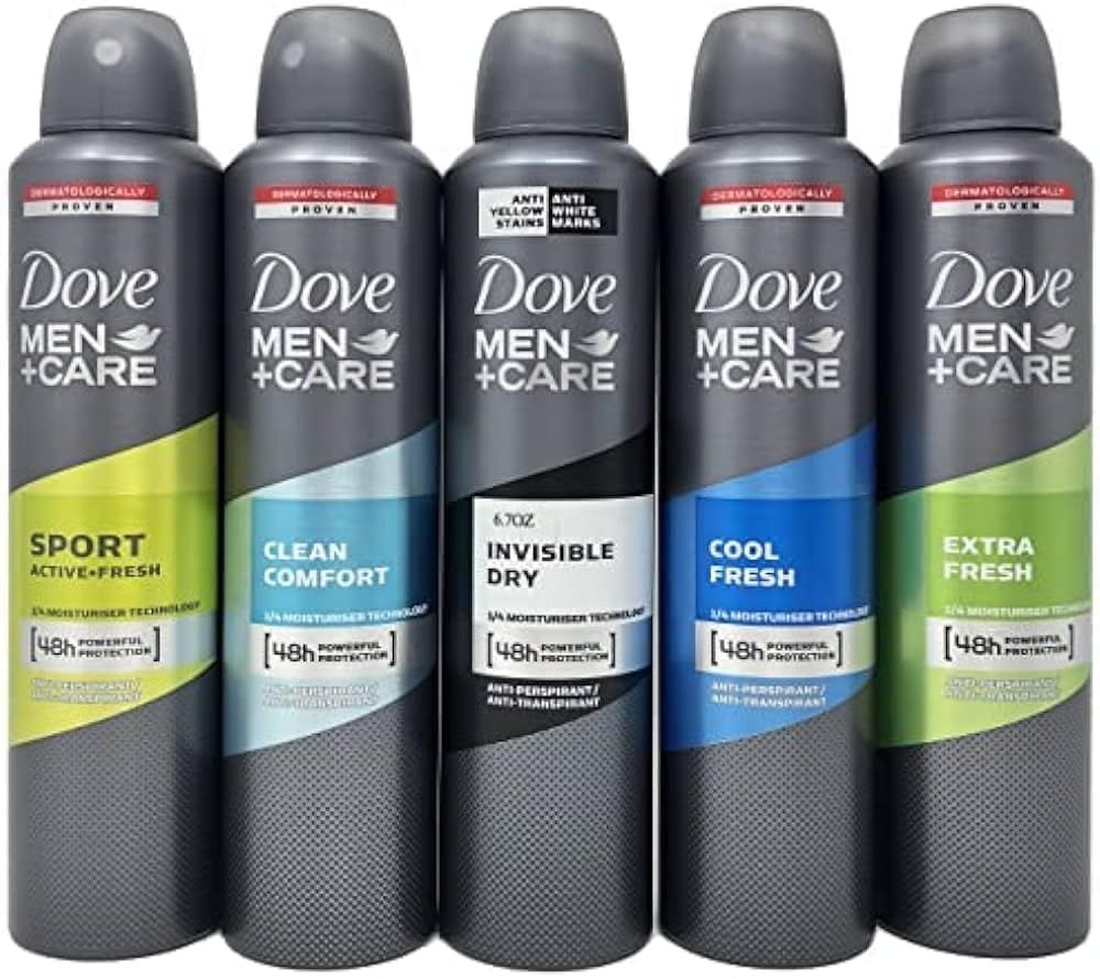 Dove Men  Care Antiperspirant Spray Variety Set, Sport, Clean Comfort, Invisible Dry, Cool Fresh and Extra Fresh Scents, 8.45 Ounce, 5 Count
