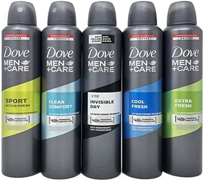 Dove Men  Care Antiperspirant Spray Variety Set, Sport, Clean Comfort, Invisible Dry, Cool Fresh and Extra Fresh Scents, 8.45 Ounce, 5 Count