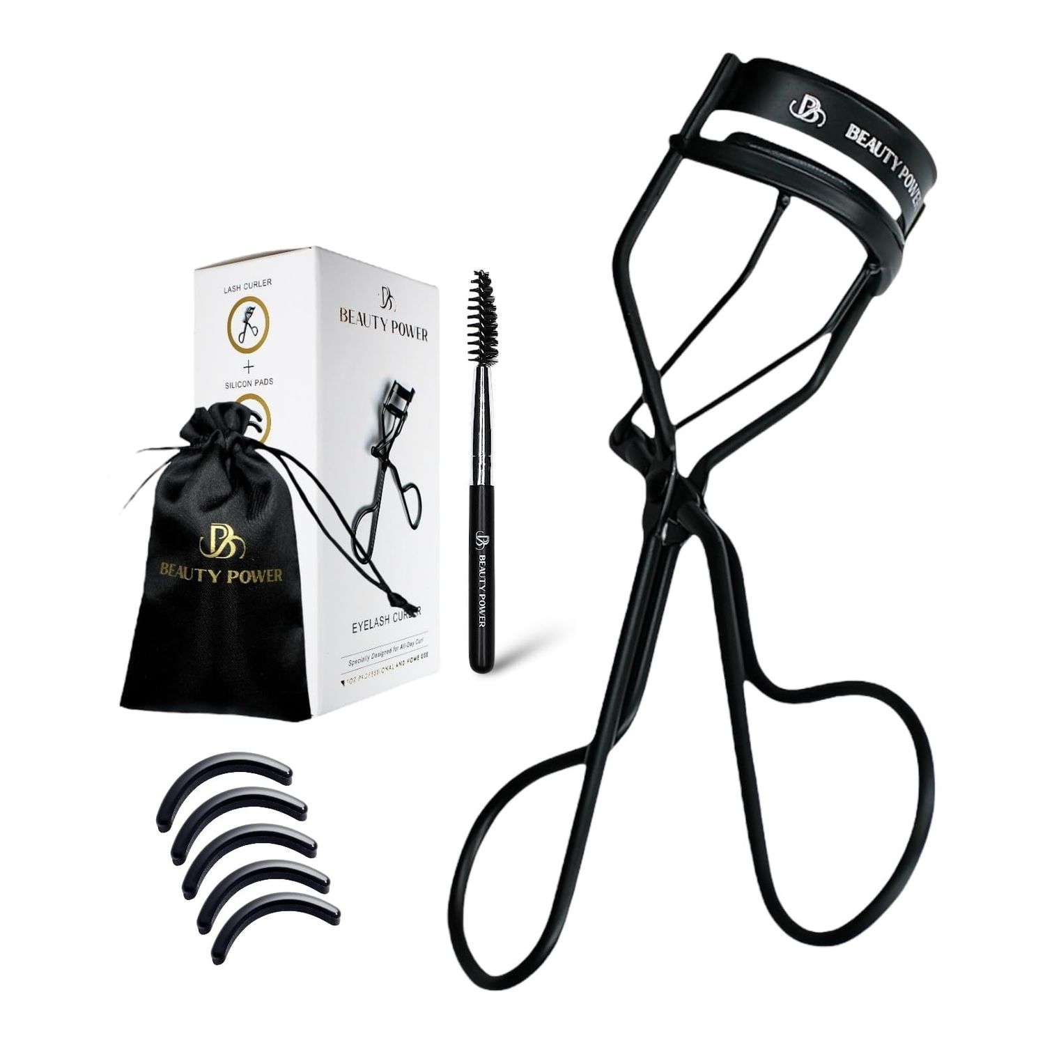 Beauty Power Eyelash Curler with 5 Replacement Pads, Brush for Eyebrows, Sating Travel Bag - Perfect CurlsLash Lift in Seconds - Gentle &amp; Safe - German Stainless Steel (Black)