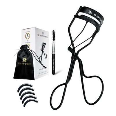 Beauty Power Eyelash Curler with 5 Replacement Pads, Brush for Eyebrows, Sating Travel Bag - Perfect CurlsLash Lift in Seconds - Gentle &amp; Safe - German Stainless Steel (Black)