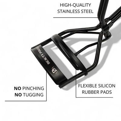 Beauty Power Eyelash Curler with 5 Replacement Pads, Brush for Eyebrows, Sating Travel Bag - Perfect CurlsLash Lift in Seconds - Gentle & Safe - German Stainless Steel (Black)