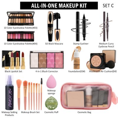 All in One Makeup Kit for Women Full Kit,Travel Makeup Kit for Teens,Makeup Gift Kit with Everything,Foundation Eyeshadow Lipstick Eyebrow Blush Powder, Christmas Make Up Gift Set for Beginner-E