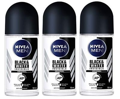 Nivea for Men Invisible for Black &amp; White 48 Hours Deodorant Roll on 50 Ml. 3 Pack l