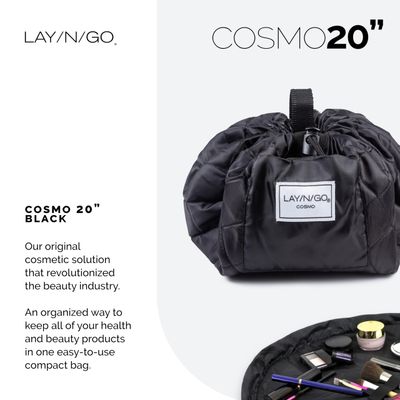 Lay-n-Go Cosmo Drawstring Cosmetic &amp; Makeup Bag Organizer - Portable Drawstring Makeup Bag wZipper Pocket, Makeup Loops &amp; More - Durable, Machine Washable Makeup Bag for Travel (20, Black)