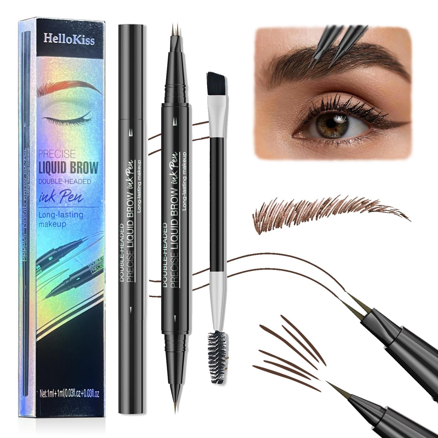 Hello Kiss Curved Eyebrow Pen, Trailott Eyebrow Pen 2 Fork Tip, Hello Kiss Microblading Eyebrow Pencil Waterproof, Hellokiss Curved Microblading Liquid Eyebrow Pen Long-Lasting (03#DARK BROWN)