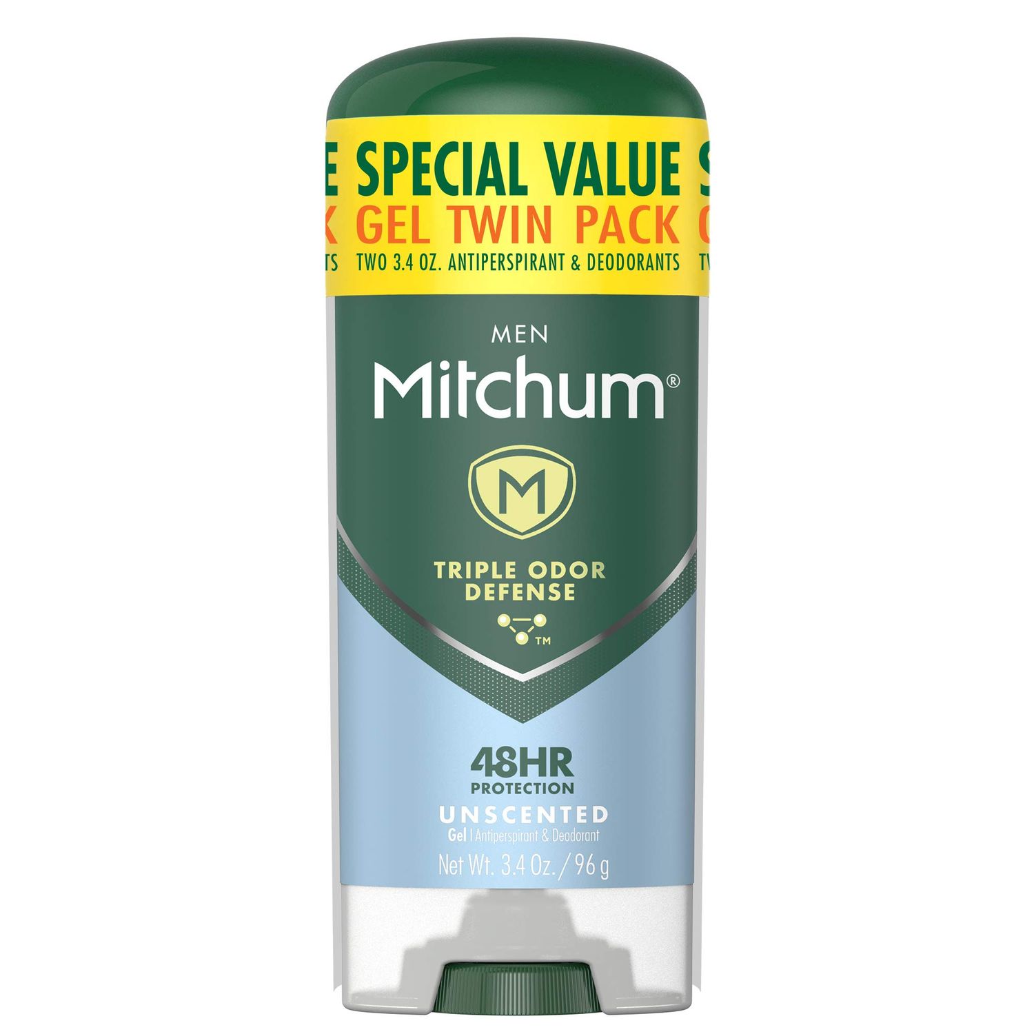 Mitchum Men&#39;s Deodorant, Antiperspirant, Triple Odor Defense Gel Stick, 48 Hr Protection, Dermatologist Tested, Alcohol Free, Unscented, 3.4 Oz (Pack of 2)