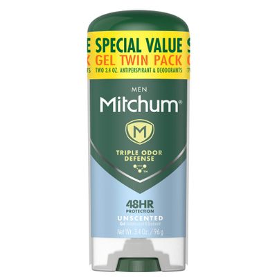 Mitchum Men&#39;s Deodorant, Antiperspirant, Triple Odor Defense Gel Stick, 48 Hr Protection, Dermatologist Tested, Alcohol Free, Unscented, 3.4 Oz (Pack of 2)