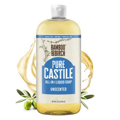Bamboo And Birch Pure Castile Soap Liquid Organic, Certified Palm Oil Free Natural Soap, Unscented, 32 oz