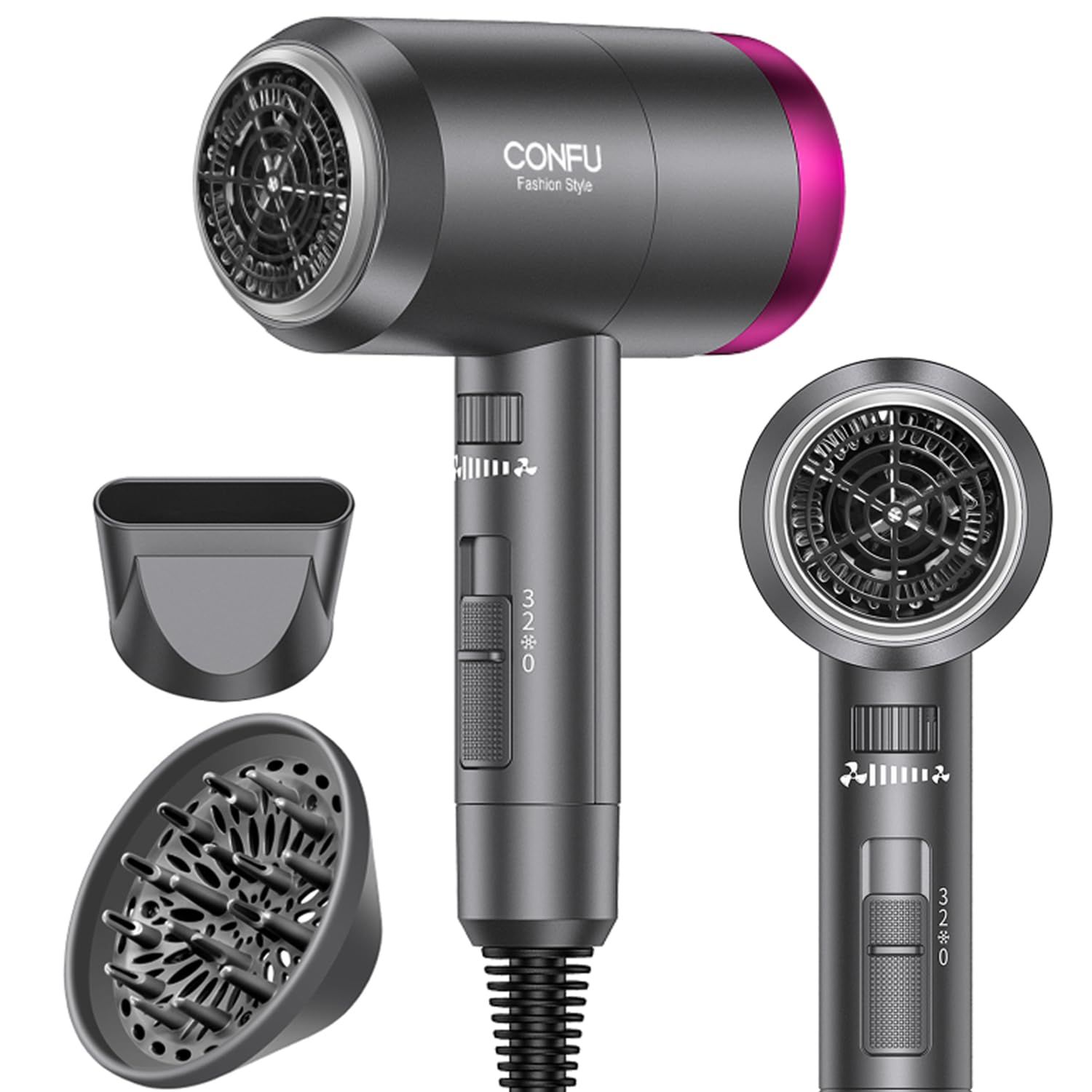 CONFU Ionic Blow Dryer 1600W, Portable Lightweight Fast Drying Negative Ion Hairdryer Blowdryer, 3 Heat Settings &amp; Infinity Speed, with Diffuser and Concentrator Nozzle for Home &amp; Travel