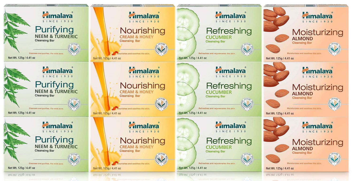 Himalaya Cleansing Bar Soaps Variety Pack, Neem &amp; Turmeric, Almond, Cream &amp; Honey and Cucumber, 4.41 oz, 12 Pack