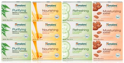 Himalaya Cleansing Bar Soaps Variety Pack, Neem &amp; Turmeric, Almond, Cream &amp; Honey and Cucumber, 4.41 oz, 12 Pack