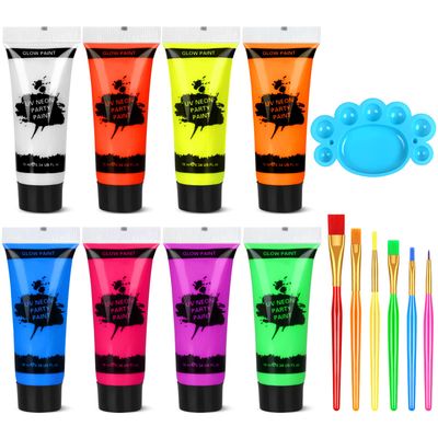 Blacklight Neon Face and Body Paint, 8 Tubes 0.34oz Glow in the Dark Body Paints, Neon Fluorescent Glow in Dark Party Supplies (10ml).