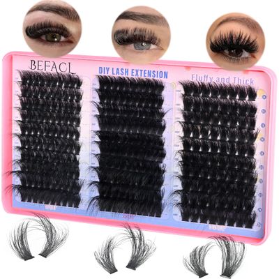 Lash Clusters Fluffy Individual Lashes D Curl Cluster Eyelash Extensions 14-25mm DIY Lash Extension Thick False Eyelashes Cluster Matte Black DIY Lashes Extension at Home (280pcs-60P80P100P)