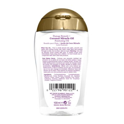 OGX Extra Strength Damage Remedy  Coconut Miracle Oil Penetrating Hair Oil Treatment, Hydrating Anti-Frizz Oil for Coarse, Dry Hair, Paraben-Free, Sulfated-Surfactants Free, 3.3 fl oz