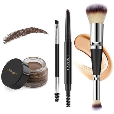 LAVONE Eyebrow Pencil Makeup Kit for Eyebrow Makeup, Make up Brow Kit with Waterproof Eyebrow Pencil, Eyebrow Pomade, Foundation &amp; Concealer Brush and Dual-ended Eyebrow Brush - Dark Brown