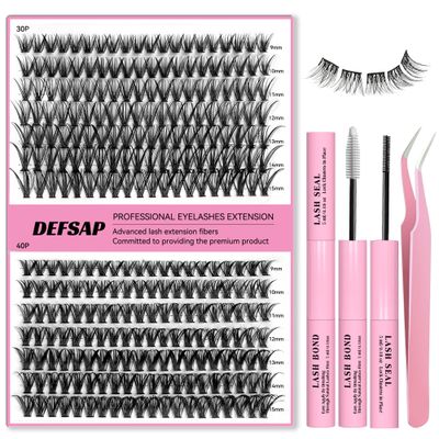 DEFSAP DIY Eyelash Extension Kit, 240pcs lash Extension Kit 9-15mm Mix, 30D 40D Curl Individual Lash Clusters with Bond, and Tweezers