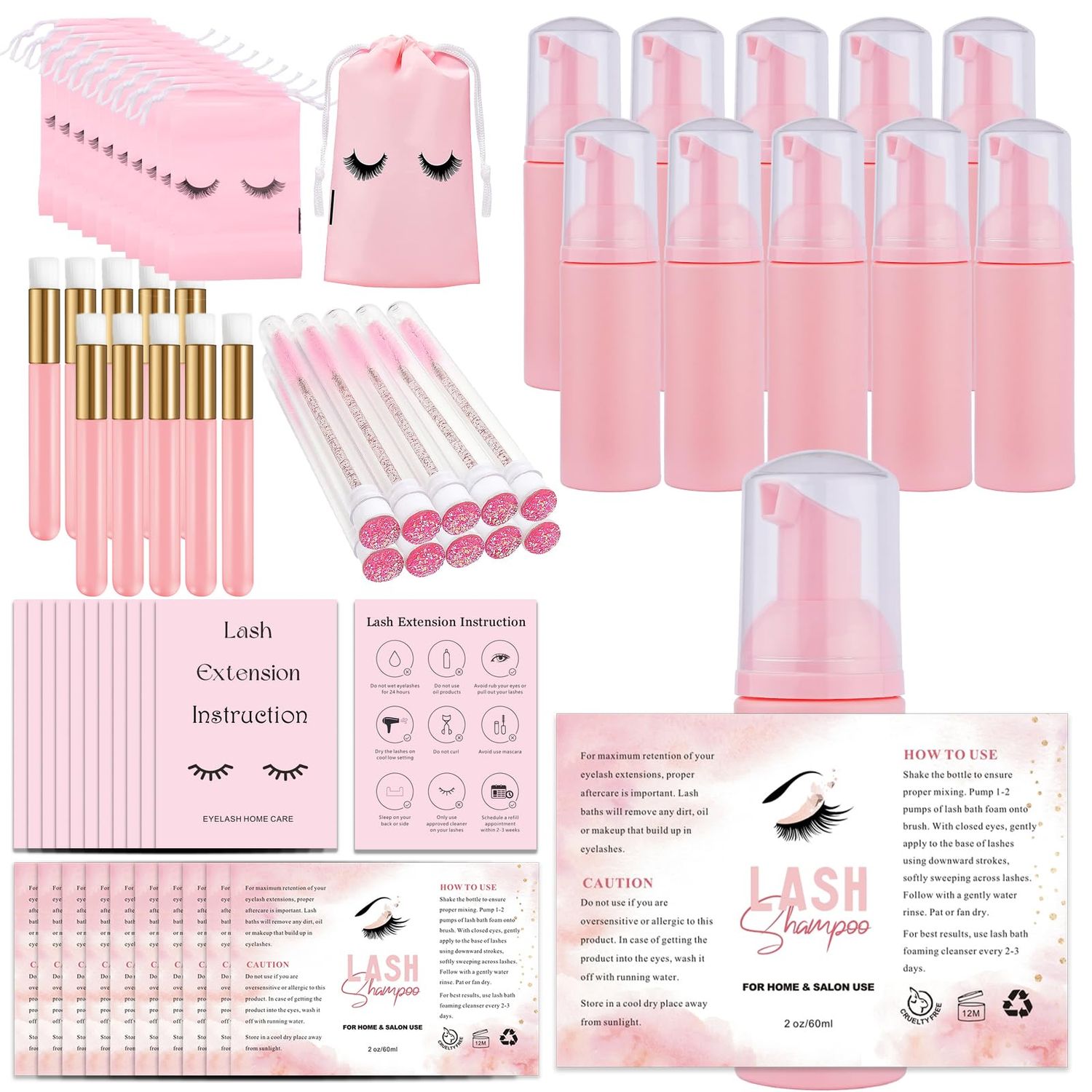60PCS Lash Shampoo Bottles and Brushes Set, 10pcs Foam Pump Dispenser, 10pcs Nose Pore Deep Cleaning Brush, 10pcs Eyelash Extension Tube Brush, 10pcs Extension Aftercare Instructions Cards, 10pcs Lash