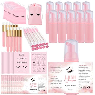 60PCS Lash Shampoo Bottles and Brushes Set, 10pcs Foam Pump Dispenser, 10pcs Nose Pore Deep Cleaning Brush, 10pcs Eyelash Extension Tube Brush, 10pcs Extension Aftercare Instructions Cards, 10pcs Lash
