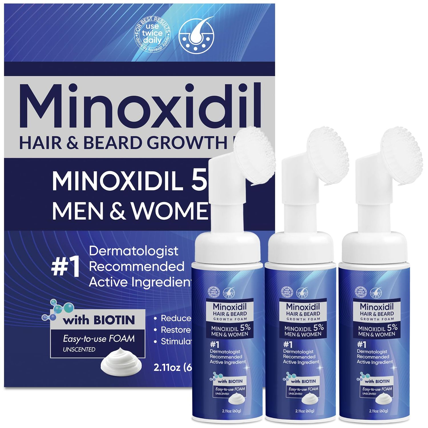 5% Minoxidil Foam for Men and Women, 5% Minoxidil for Men Foam, Minoxidil for Women Hair Growth, Minoxidil for Men Hair Growth, Minoxidil Foam for Men Hair and Beard 60ml x 3PCS.