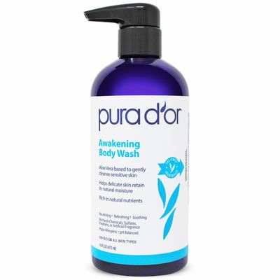 PURA D&#39;OR Awakening Body Wash (16oz) with Aloe Vera, Chamomile, Lavender, Tea Tree and Natural Nutrients - pH Balanced for Moisturized Soft, Fresh-Feeling Skin, All Skin Types, Men &amp; Women