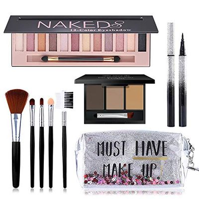 All in One Makeup Kit, Includes 12 Colors Naked Eyeshadow Palette, 5Pcs Makeup Brushes, Waterproof Eyeliner Pencils, Eyebrow Powder and Quicksand Cosmetic Bag, Gift Set for Women, Girls &amp; Teens