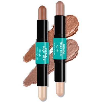 Contour Stick, 2Pcs Dual-Ended Highlighter Makeup Pen &amp; Contouring Stick for Face Shaping, Long Lasting Waterproof Cream Bronzer &amp; Highlight Sticks Make Up Kit for All Skin Tones (01#  02#)