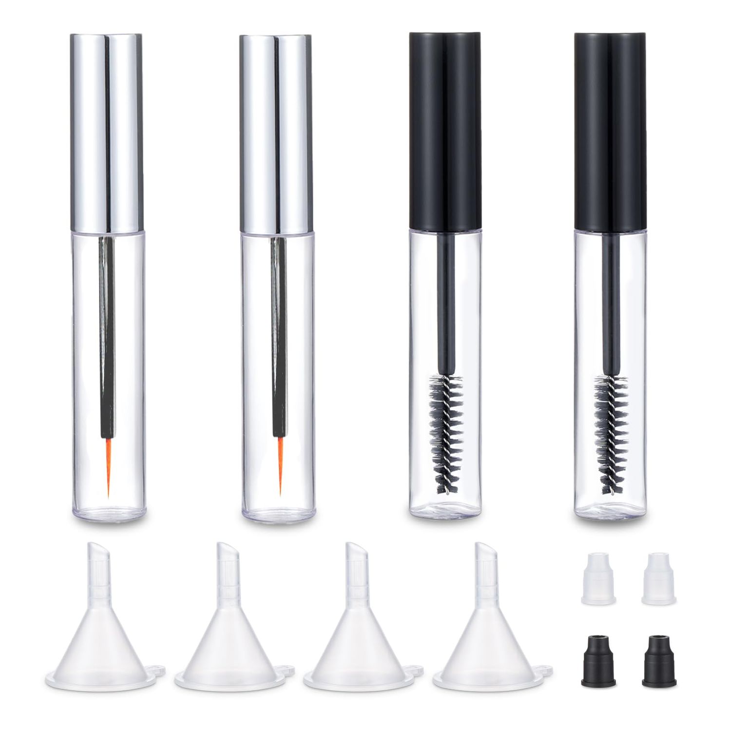8ml Mascara Tube Empty and Wand Eyelash Cream Container Bottle 7ml Transparent Empty Mascara and Eyeliner Tubes with Rubber Inserts and Funnels Set for Castor Oil DIY MascaraSilver, Black)