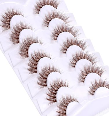 Brown Eyelashes, Brown Lashes Natural Look D Curl Cat Eye Lashes Wispy Mink Eyelashes Volume Brown Eyelashes with Clear Band False Eyelashes Light Brown 7 Pairs