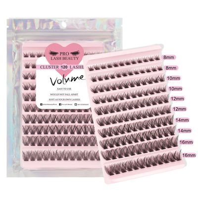 PRO Lash Clusters, 120 Pcs Individual Cluster Lashes DIY Lash Extension 8-16mm Eyelash Clusters Volume Wispy Lashes Super Thin Band Reusable Soft &amp; Comfortable(Volume,D-8-16mix)