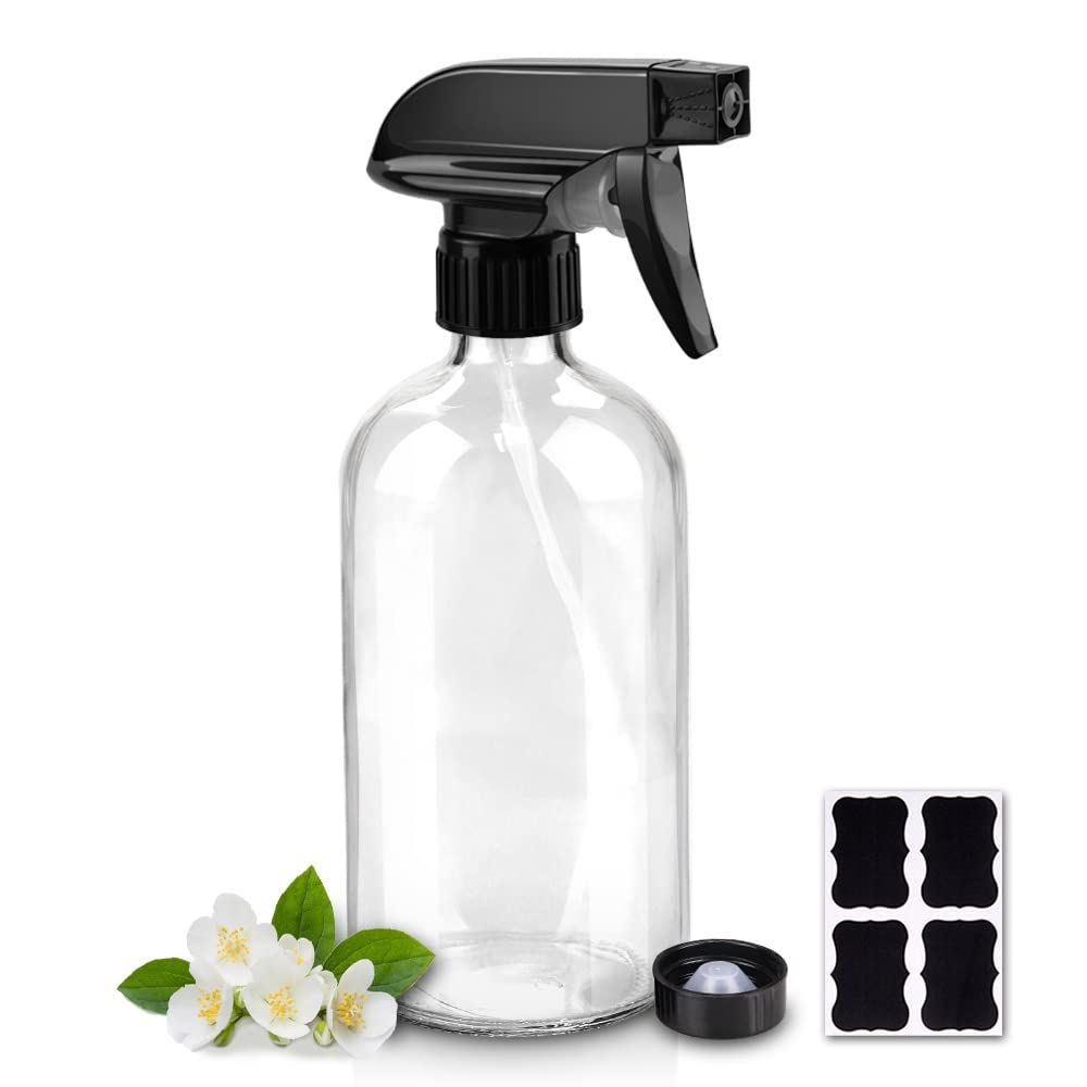 Worldgsb Glass Spray Bottles, 16oz Refillable Containers, Empty Boston Round Bottles with Labels &amp; Adjustable Nozzle for Cleaning, Gardening, Aromatherapy, Pets, Plant, Hair -Clear (1 Pack)