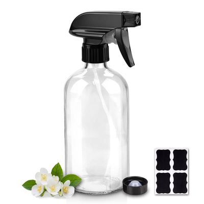 Worldgsb Glass Spray Bottles, 16oz Refillable Containers, Empty Boston Round Bottles with Labels &amp; Adjustable Nozzle for Cleaning, Gardening, Aromatherapy, Pets, Plant, Hair -Clear (1 Pack)