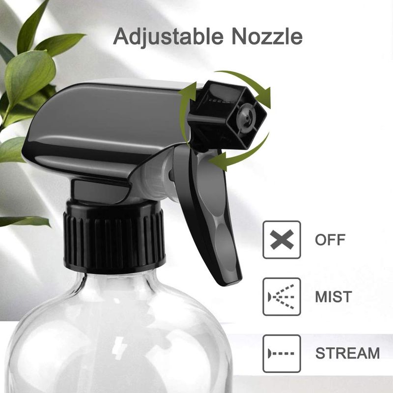 Worldgsb Glass Spray Bottles, 16oz Refillable Containers, Empty Boston Round Bottles with Labels &amp; Adjustable Nozzle for Cleaning, Gardening, Aromatherapy, Pets, Plant, Hair -Clear (1 Pack)