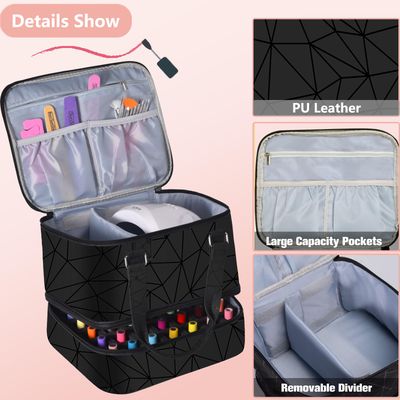 FCQQYWZ Nail Polish Organizer Case - Holds 42 Bottles (15ml0.5 fl.oz) and 1 Nail Lamp, Upgraded Double-layer Nail Polish Carrying Case Nail Polish Storage Bag with Handles (Black)